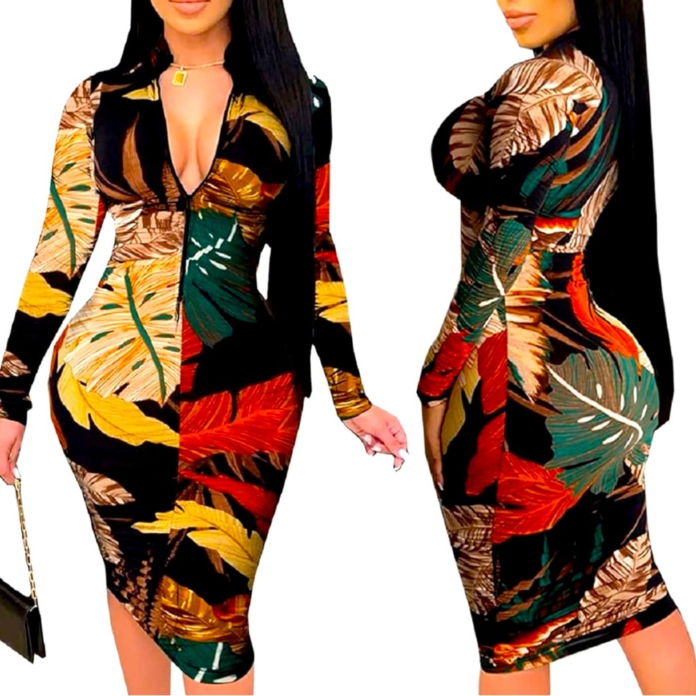 NWOT Glozeplus Bodycon Sexy Pencil Party Long Sleeve Floral Print Dress 🍁🍁 - Picture 2 of 2